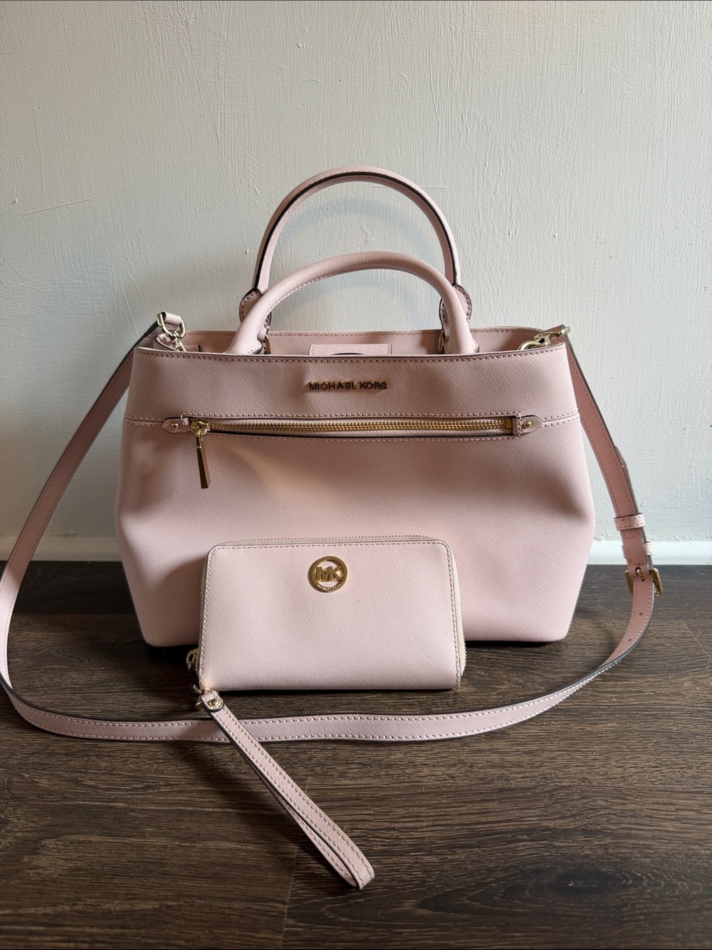 Michael Kors Blush Pink Saffiano Leather Satchel with Wristlet Wallet